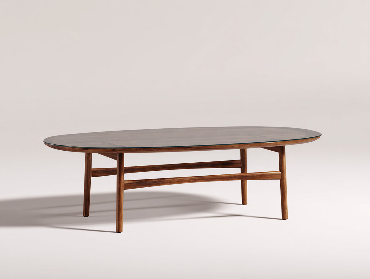 Tavolino Da Caffè 130×65×43 cm - vetro fumé e legno di noce - piano ovale con telaio lineare per Soggiorno