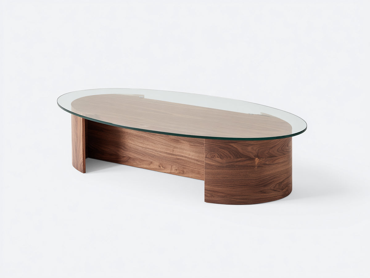 Tavolino da caffè 130×65×42 cm - vetro trasparente e legno marrone noce - struttura curva per soggiorno