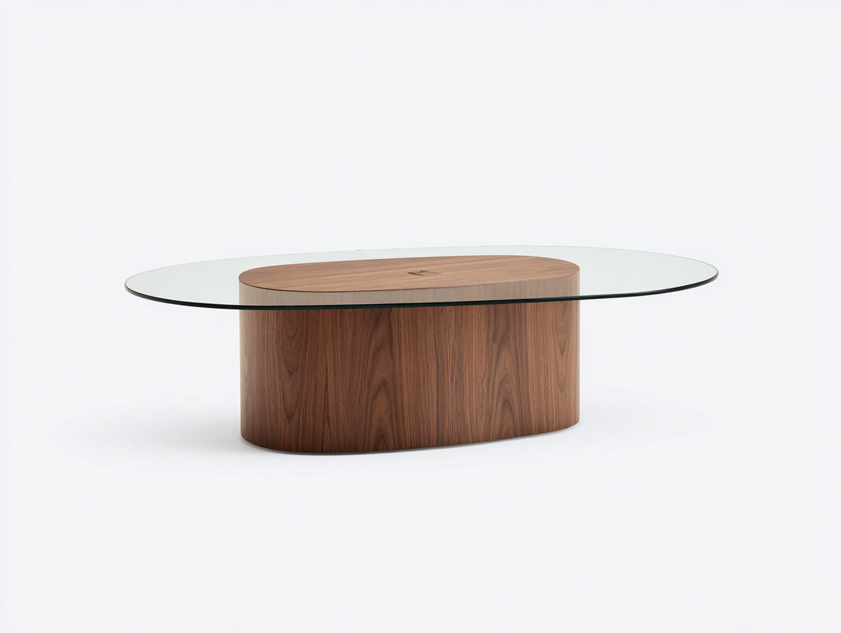 Tavolino da caffè 120×60×40 cm - vetro trasparente e legno marrone noce - base ovale compatta per soggiorno
