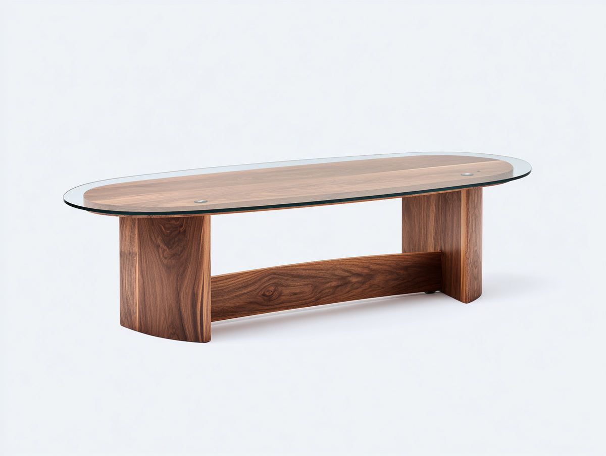 Tavolino da caffè 130×58×42 cm - legno marrone e vetro trasparente - piano ovale con base a pannelli per soggiorno