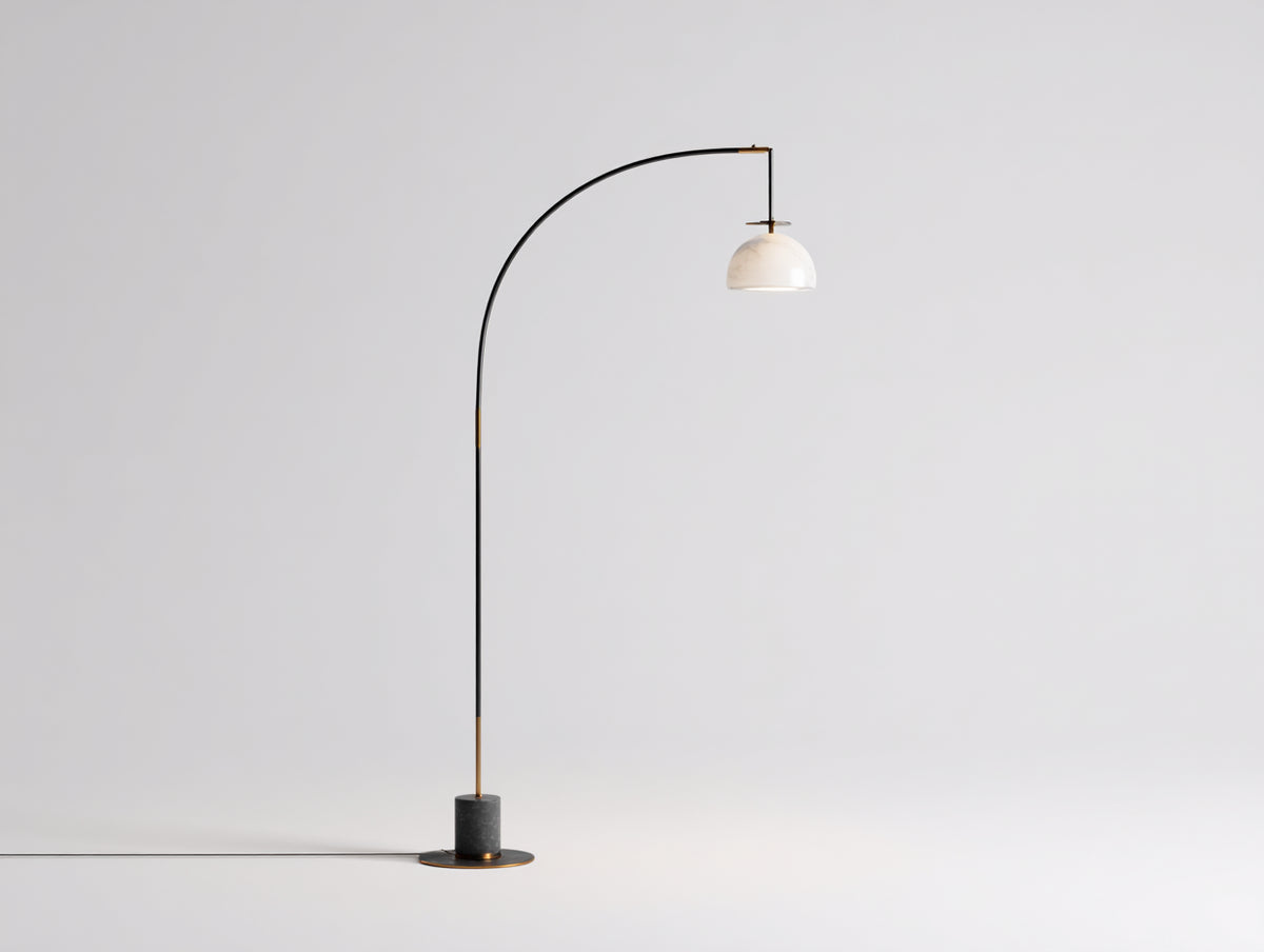Lampada Da Scrivania ad arco 110×35×190 cm - metallo nero ottone e vetro bianco - illuminazione orientata per Camera Da Letto