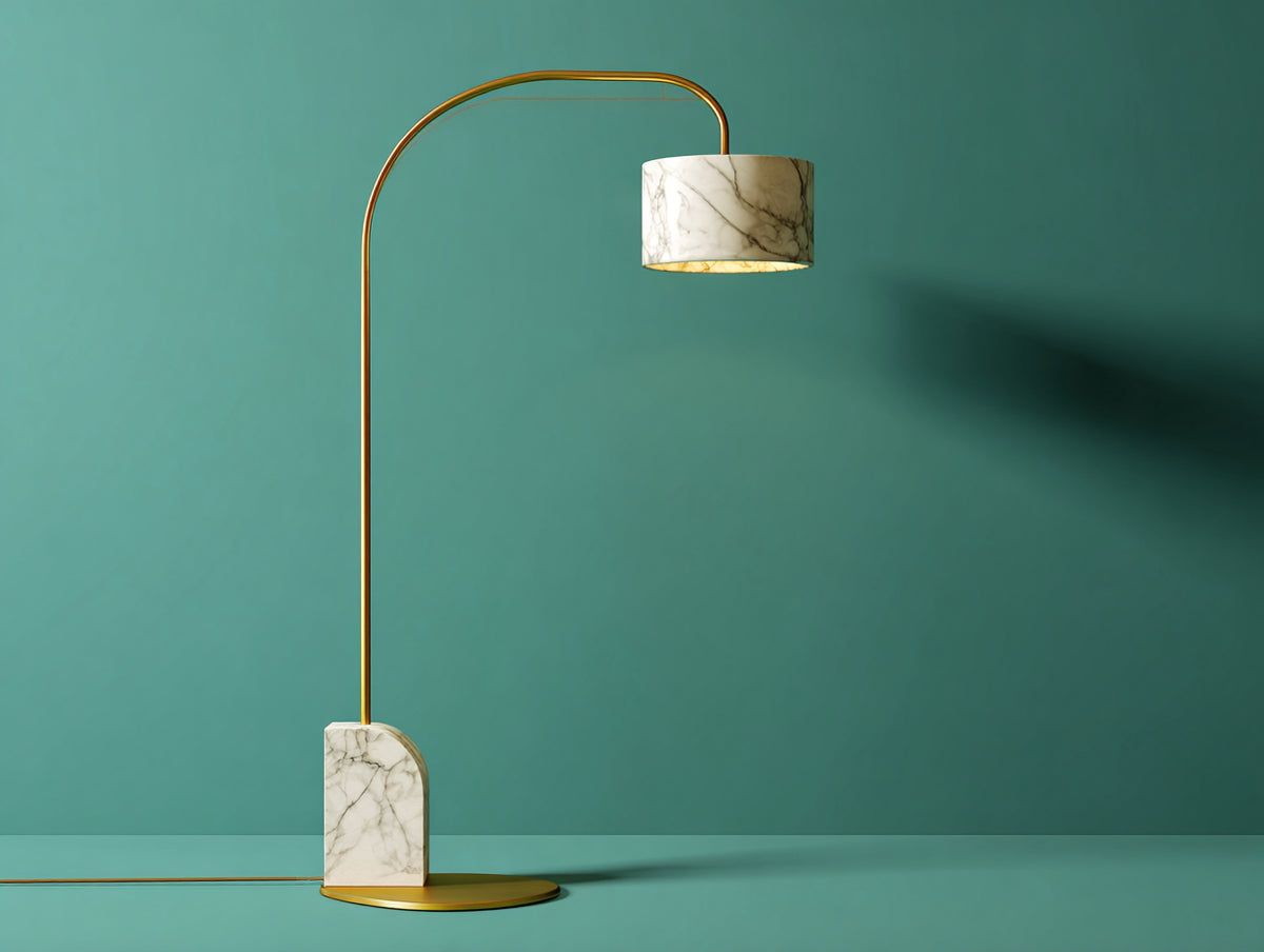 Lampada Da Scrivania 95×32×168 cm - metallo dorato e marmo bianco - paralume cilindrico ad arco per Camera Da Letto