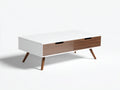 Tavolino Da Caffè 120×60×45 cm - legno bianco e noce - due cassetti con gambe inclinate per Soggiorno