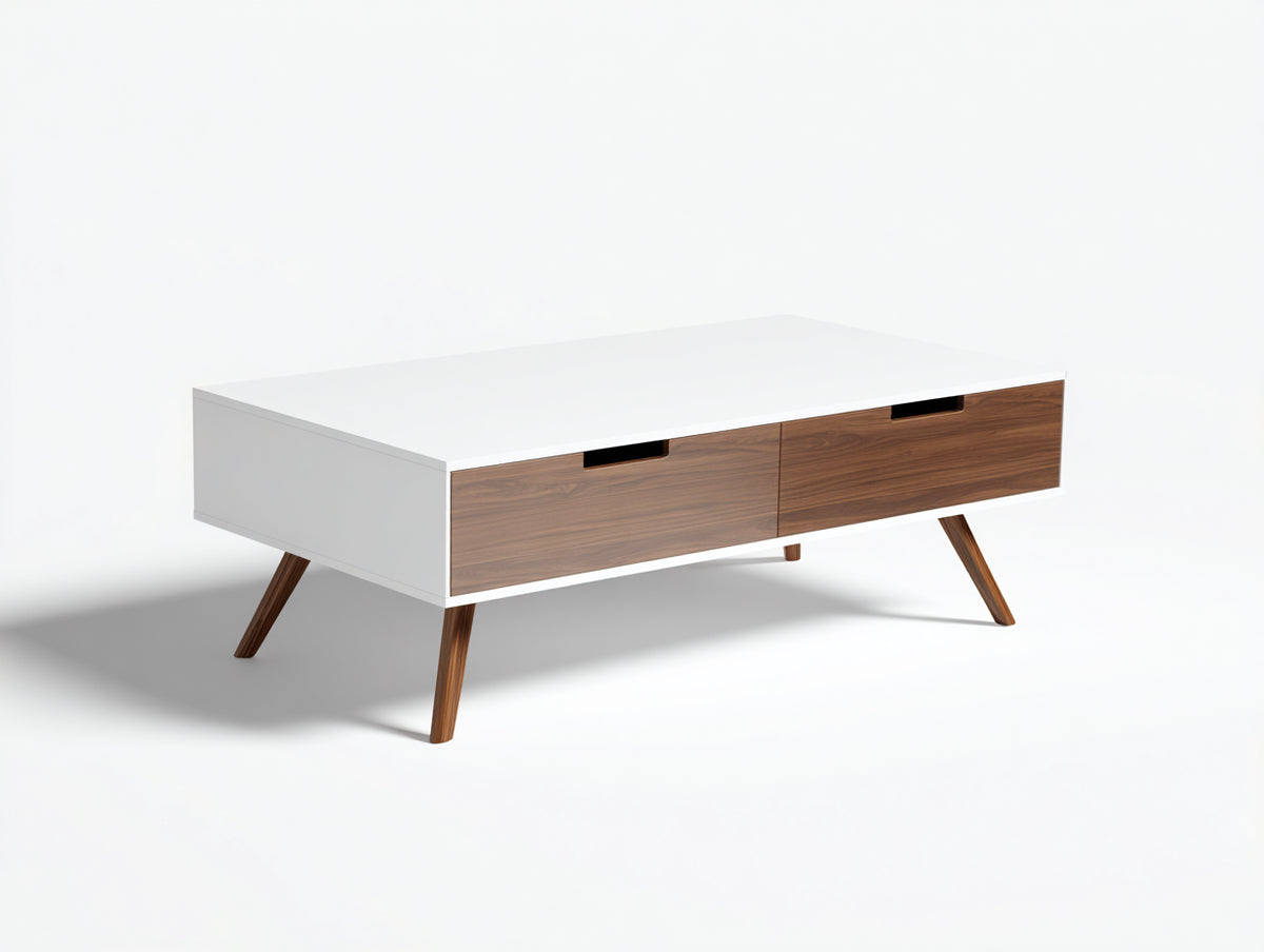 Tavolino Da Caffè 120×60×45 cm - legno bianco e noce - due cassetti con gambe inclinate per Soggiorno