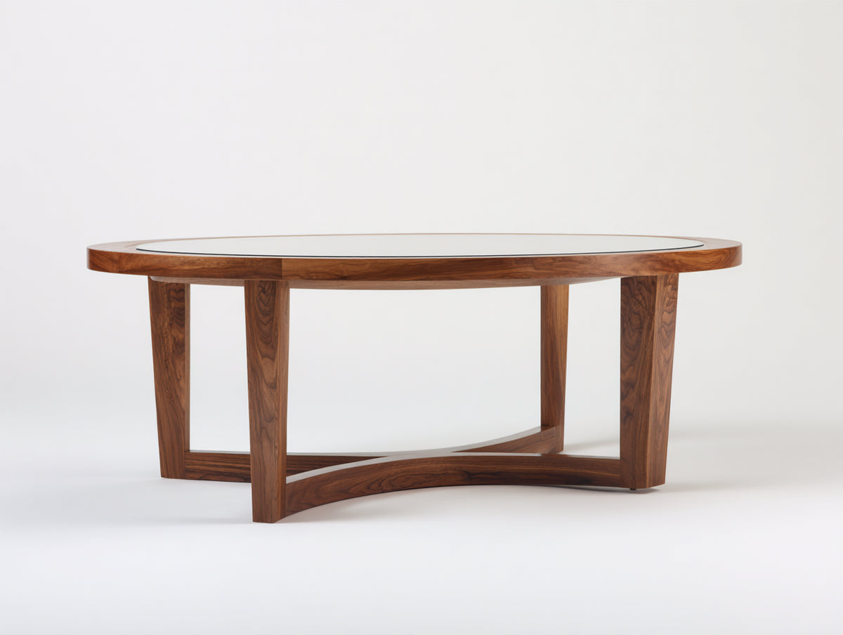 Tavolino Da Caffè 120×70×45 cm - legno di noce e vetro trasparente - piano ovale con base curva per Soggiorno