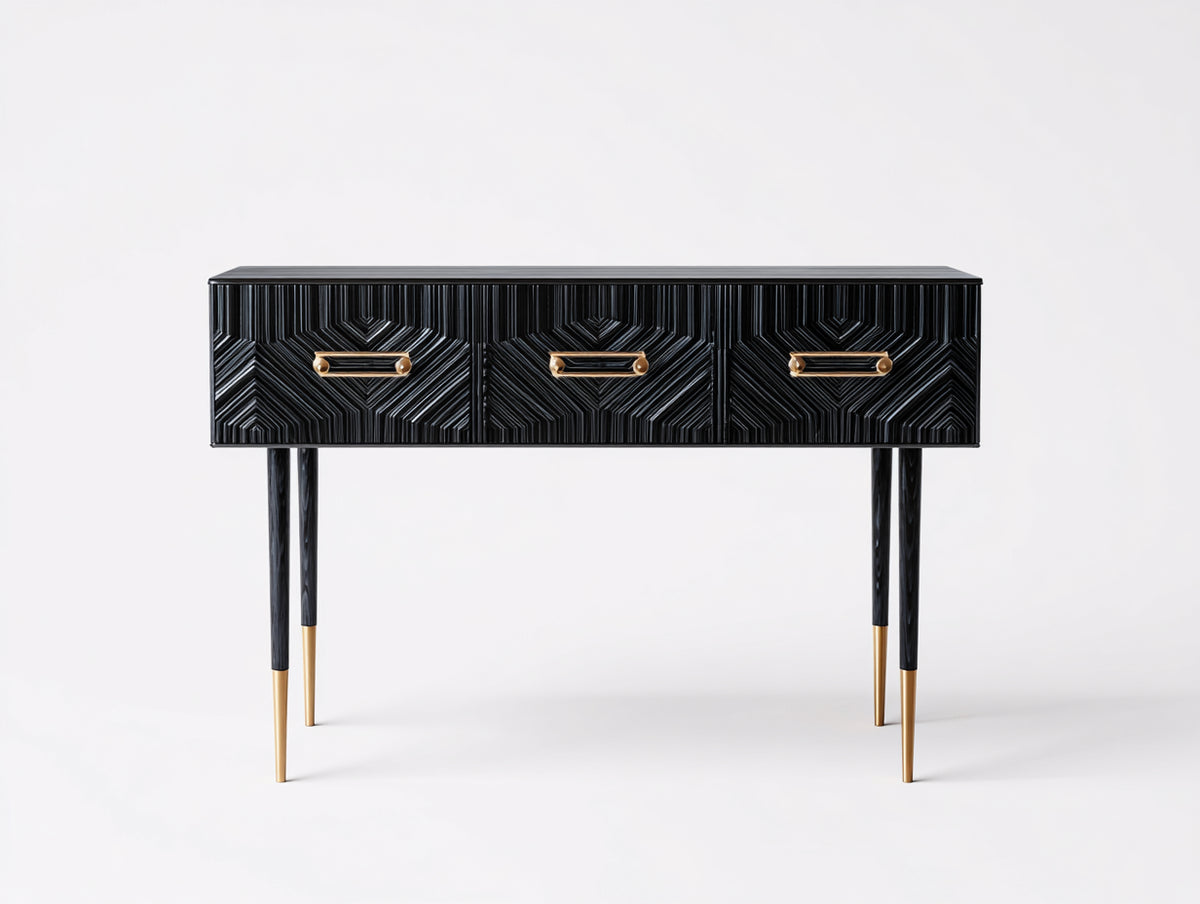 Console 118×38×81 cm - legno nero e metallo dorato - frontale geometrico con contenimento per camera da letto