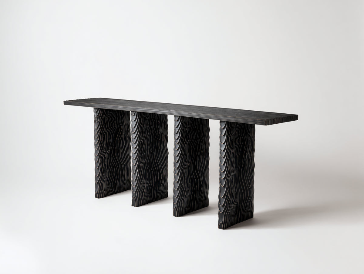 Console 140×38×78 cm - legno nero - pannelli scolpiti e profilo lineare per camera da letto