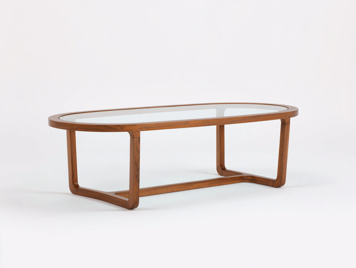 Tavolino da caffè 125×60×43 cm - legno marrone e vetro trasparente - profilo ovale con struttura curva per soggiorno