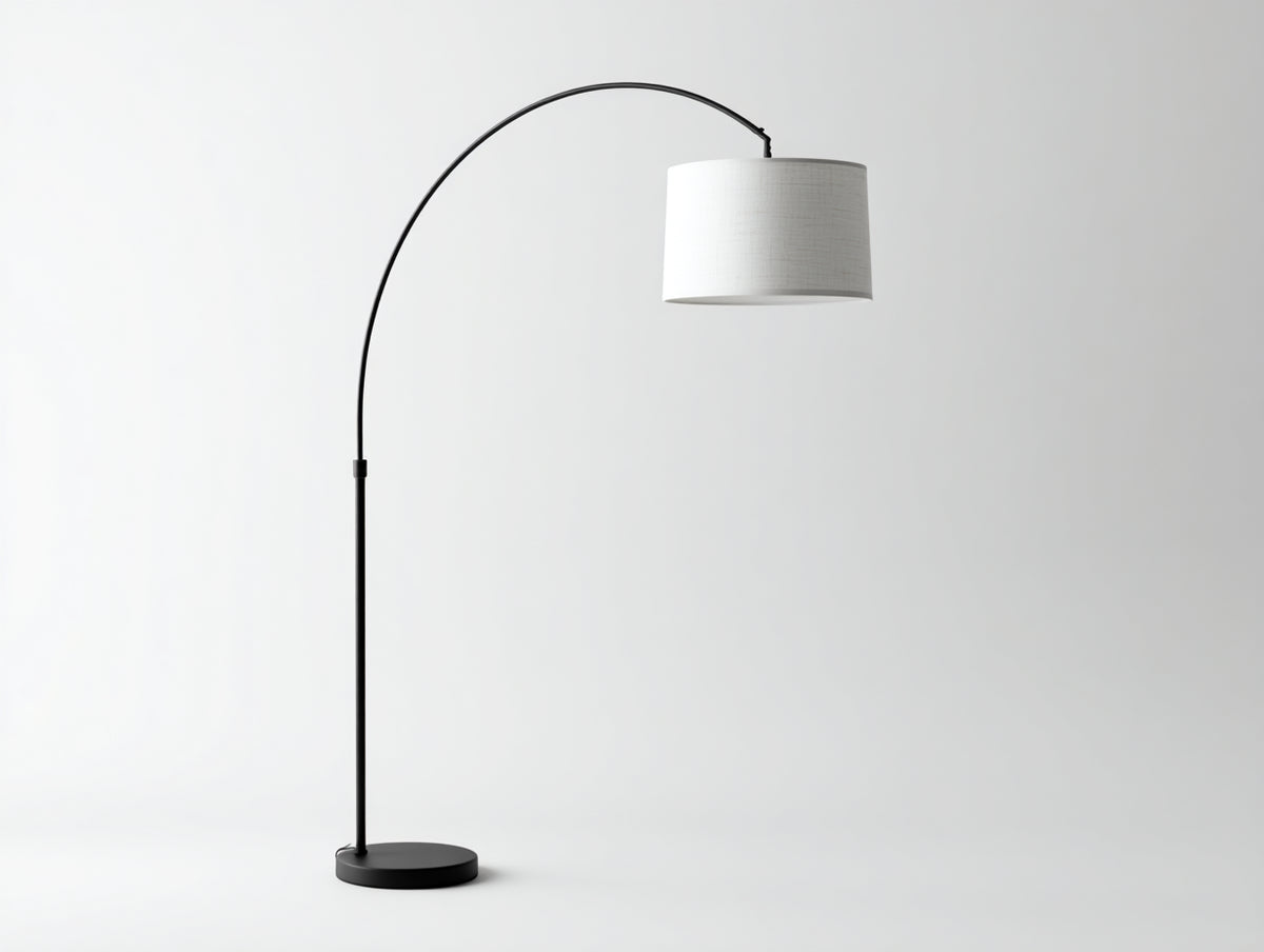 Lampada ad arco 115×35×205 cm - metallo nero e tessuto bianco - luce da lettura per camera da letto
