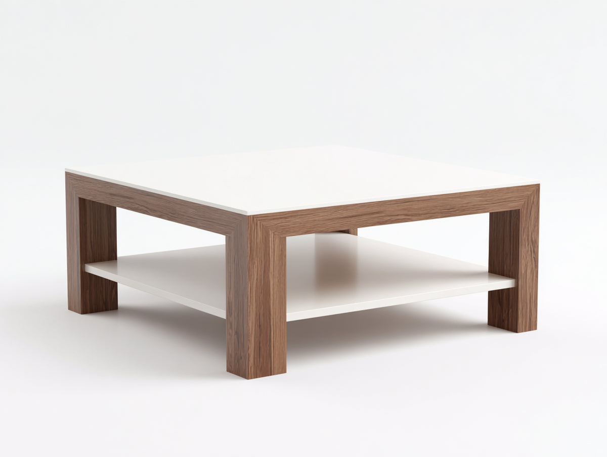 Tavolino Da Caffè 100×100×44 cm - piano bianco e struttura in noce - ripiano inferiore aperto per Soggiorno