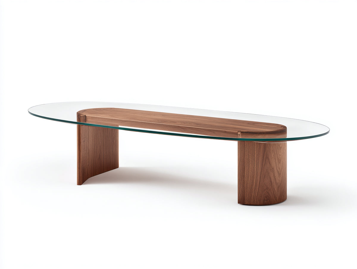 Tavolino Da Caffè 130×60×42 cm - vetro trasparente e legno di noce - piano ellittico con sostegni scultorei per Soggiorno