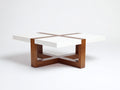Tavolino Da Caffè 100×100×42 cm - piano bianco e legno di noce - forma quadrata con base incrociata per Soggiorno