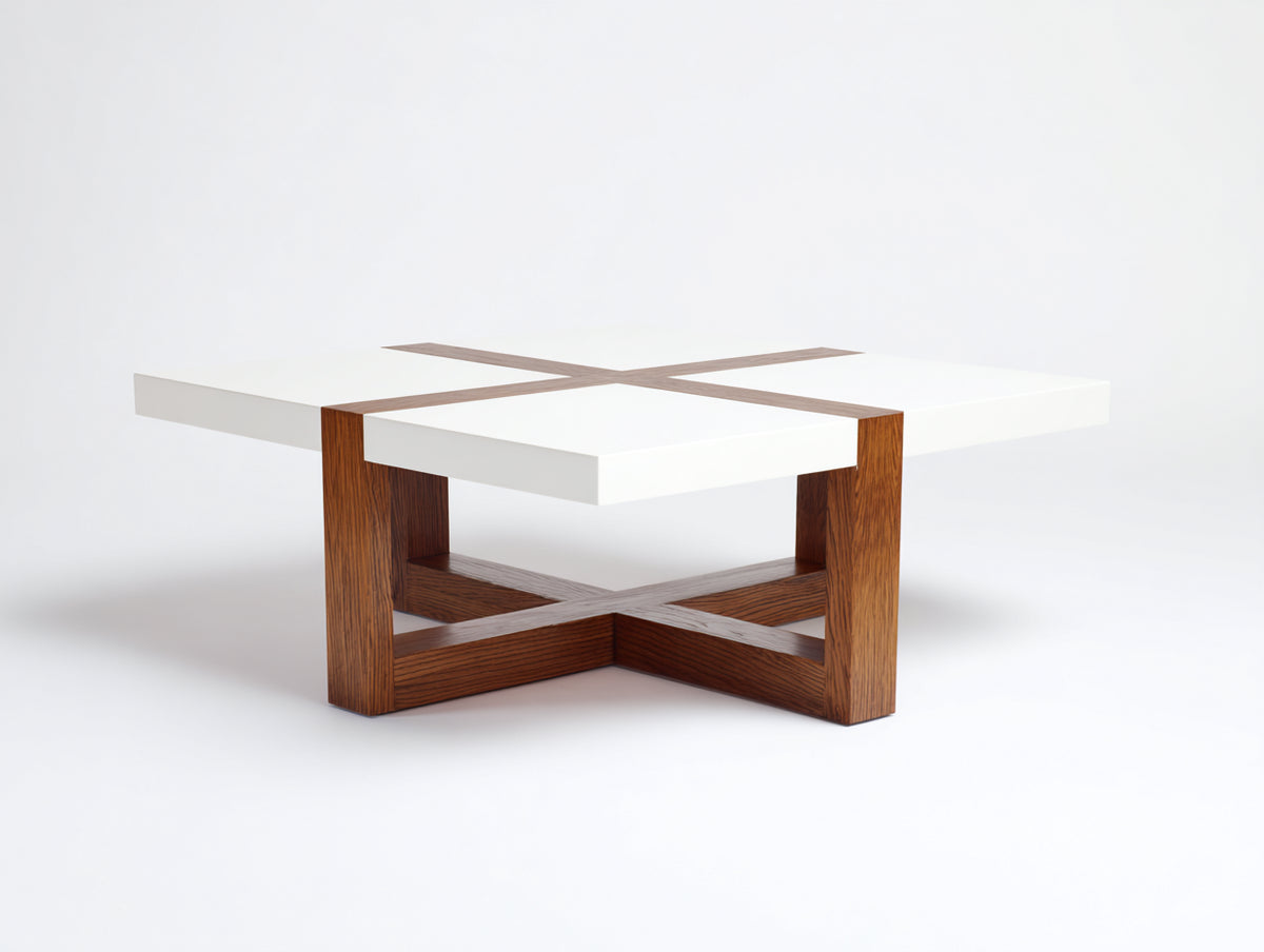 Tavolino Da Caffè 100×100×42 cm - piano bianco e legno di noce - forma quadrata con base incrociata per Soggiorno